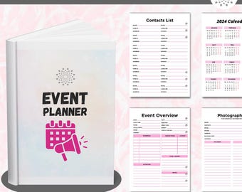 以下が含まれることがあります： 表紙にカレンダーとメガホンのアイコンが描かれたピンクと白のイベントプランナー。プランナーには、連絡先、2024年のカレンダー、イベントの概要、写真用のページが含まれています。