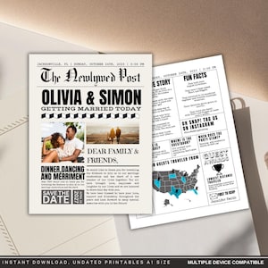 Periódico de boda personalizado para recién casados, plantilla de anuncio de matrimonio personalizada, diseño de periódico editable, regalo de boda creativo