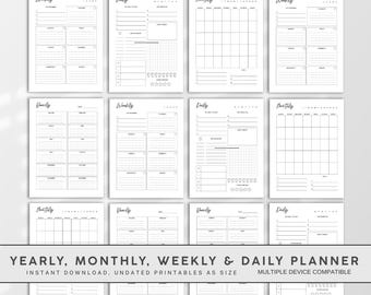 Printable Planner Bundle – Yearly, Monthly, Weekly & Daily Pages, Undated A5/A4 PDF