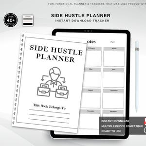 a side hustle planner is shown with a pen