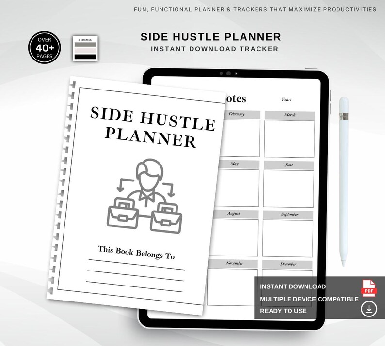 a side hustle planner is shown with a pen