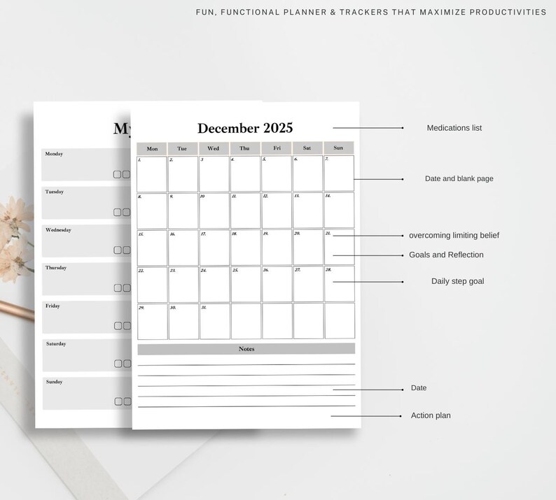 a desk with a calendar and a pen on it