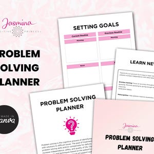 Peut inclure: Un planificateur de résolution de problèmes imprimable avec un fond rose et le texte "Jasmina Intuitive Princess" et "Problem Solving Planner" en noir. Le planificateur comprend des sections pour la définition d'objectifs, l'apprentissage de nouvelles compétences et les techniques de résolution de problèmes.