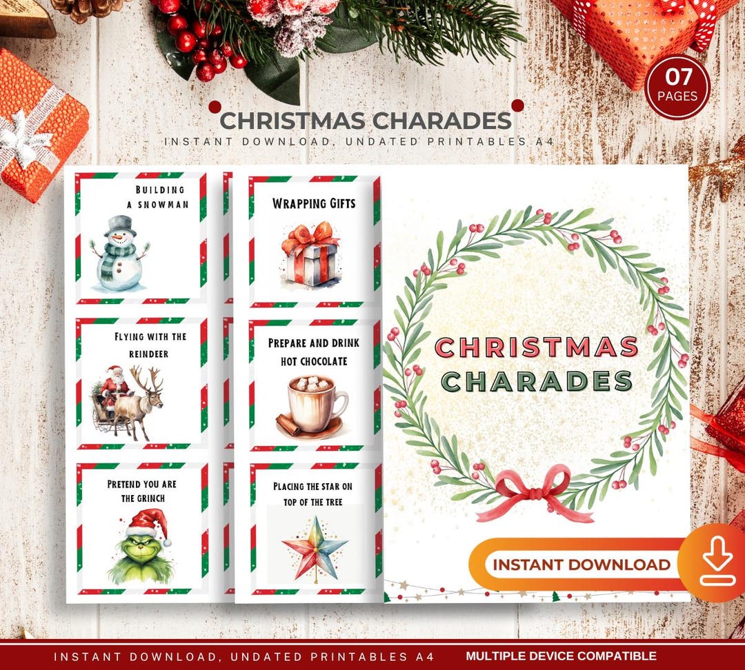Christmas Charades Game Set, Holiday Party Game, Family Fun Activity ...