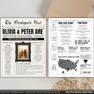 Plantilla de tarjeta de periódico de boda DIY, anuncio de boda imprimible, invitaciones de periódico personalizadas, papel de boda editable, noticias de boda vintage