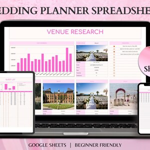 Könnte beinhalten: Ein Laptop, ein Tablet und ein Smartphone zeigen eine Hochzeitsplaner-Tabelle mit rosa und weißen Diagrammen und Bildern. Der Text lautet "Wedding Planner Spreadsheet", "Venue Research" und "Guest List". Ein grünes XLS-Dateisymbol und ein Aufkleber mit der Aufschrift "9 Sheets" sind ebenfalls sichtbar.