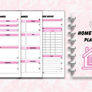 May include: A pink and white planner with the words "HOME PLAN" and a house graphic. The planner includes sections for subject, class, grade, and assignments. The pages are held together with a silver binding.