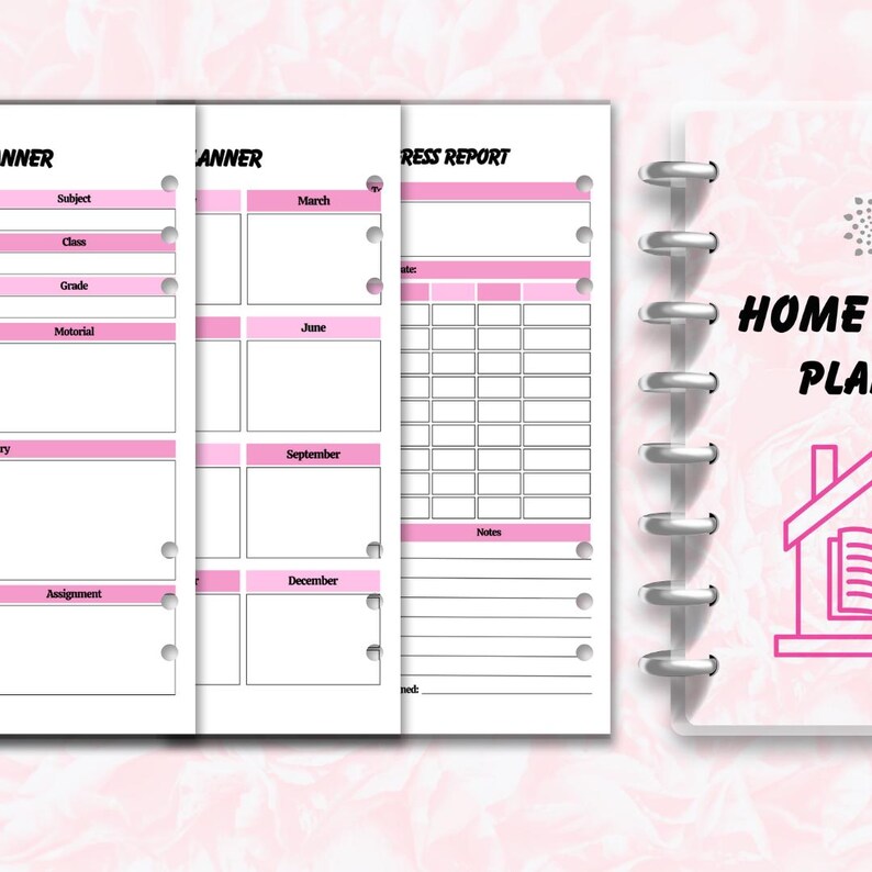 May include: A pink and white planner with the words "HOME PLAN" and a house graphic. The planner includes sections for subject, class, grade, and assignments. The pages are held together with a silver binding.
