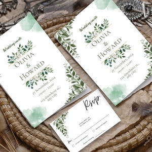 Green Flowers Minimalist RSVP Watercolor,  Wedding Invite, Wedding Details, Elegant RSVP Card, Save the Date, wedding thank you card