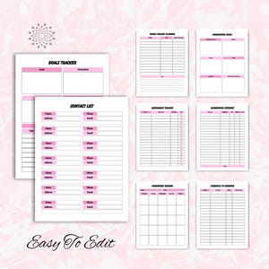 May include: A collection of printable planner pages with pink accents. The pages include sections for goals, contacts, assignments, and expenses. The text "Easy To Edit" is at the bottom of the image.