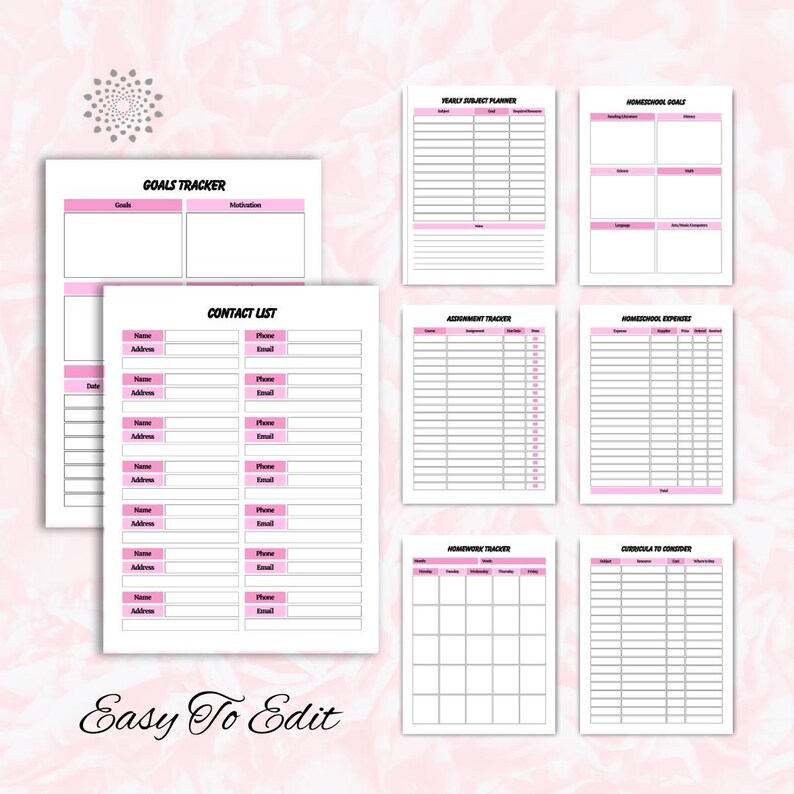 May include: A collection of printable planner pages with pink accents. The pages include sections for goals, contacts, assignments, and expenses. The text "Easy To Edit" is at the bottom of the image.