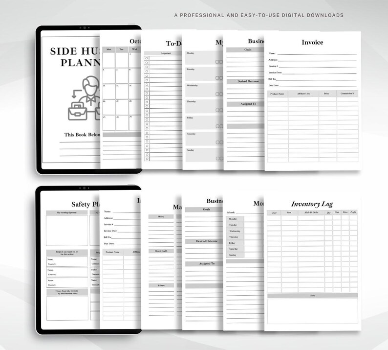 a set of three black and white planner pages