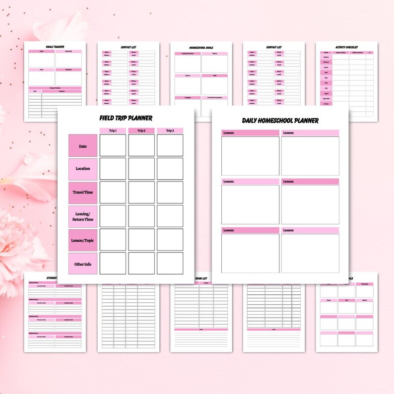May include: A collection of pink and white printable planner pages. The pages include sections for daily and field trip planning, goal tracking, contact lists, and activity checklists. The text on the pages includes "Field Trip Planner" and "Daily Homeschool Planner."