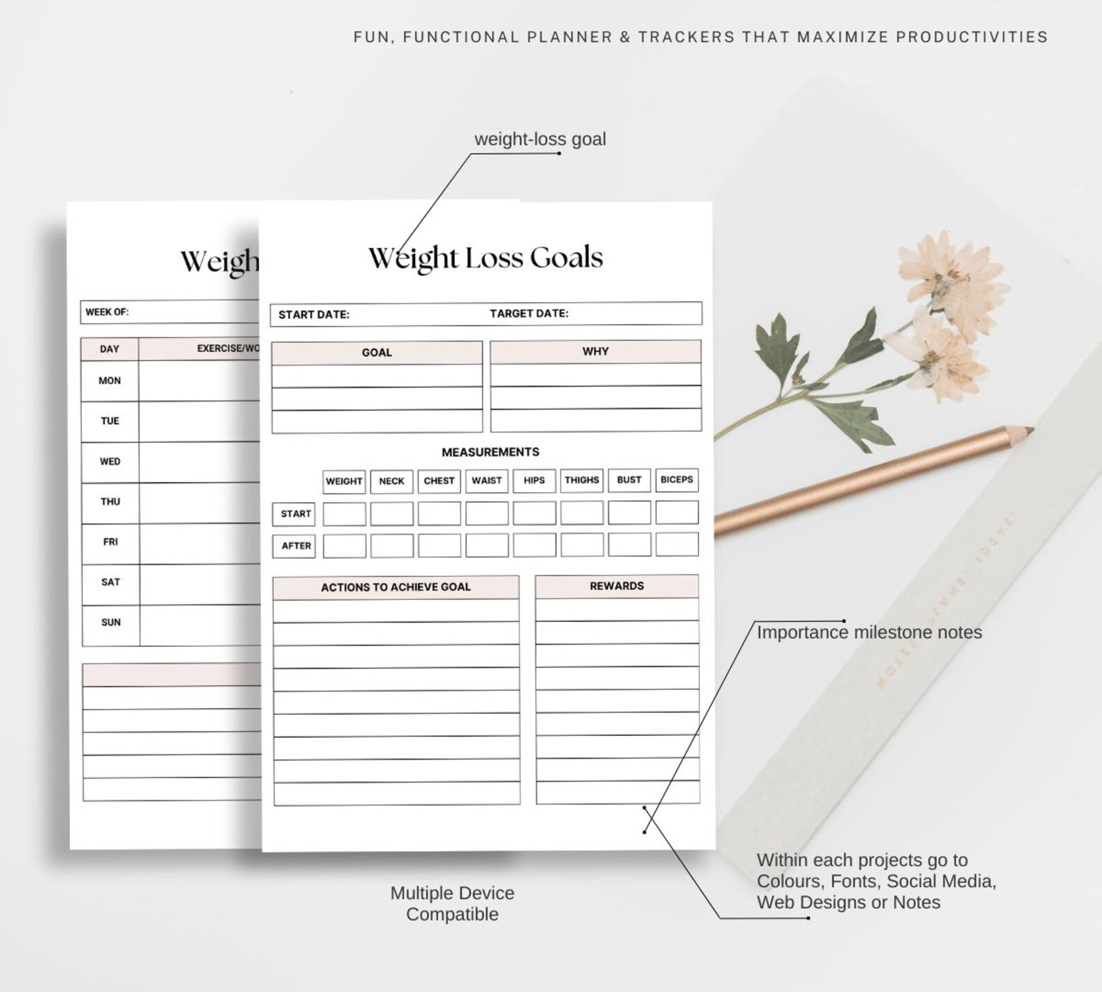 Weight Loss & Fitness Planner | Meal Tracker and Journal PDF - Etsy