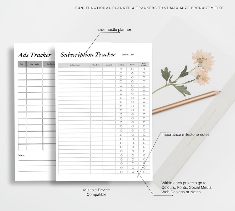 a printable sales tracker with a pen and flowers