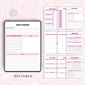 May include: A digital planner with pink accents and the word "EDITABLE" at the bottom. The planner includes sections for weekly overviews, to-do lists, and notes. Additional pages feature a calendar, assignment tracker, and annual planner.