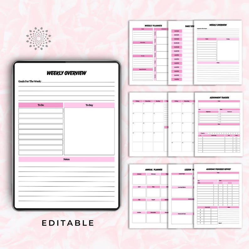 May include: A digital planner with pink accents and the word "EDITABLE" at the bottom. The planner includes sections for weekly overviews, to-do lists, and notes. Additional pages feature a calendar, assignment tracker, and annual planner.