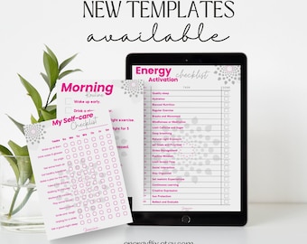May include: Two printable checklists for morning routine and energy activation. The checklists are in black and white with pink accents. The checklists are on a white surface with a green plant in a glass vase.