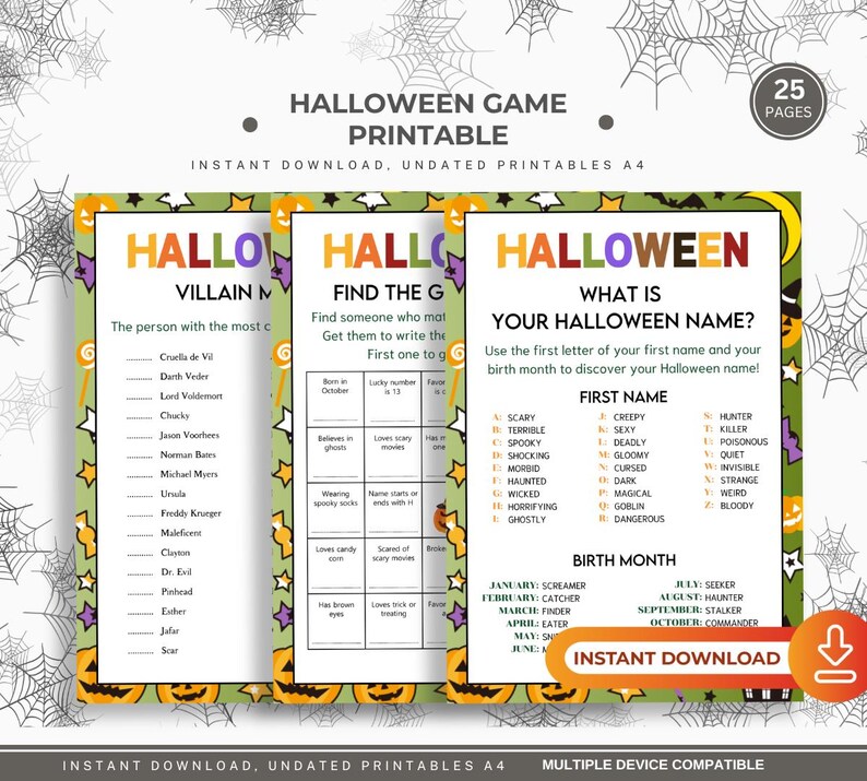 Halloween Games Editable Printable, DIY Halloween Party Games, Instant
