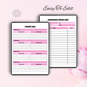 May include: Two digital tablets displaying homeschool report card templates. One tablet shows a "Student Goal" form with pink accents, while the other displays a "Homeschool Report Card" with pink headers. The phrase "Easy To Edit" is written at the top.