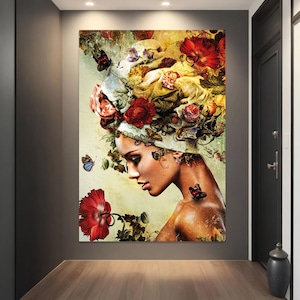 Flower Woman Portrait, Botanical Woman Artwork, Floral Canvas, Living Room Wall Art, Bedroom Wall Art, High Quality Print, Christmas Gift