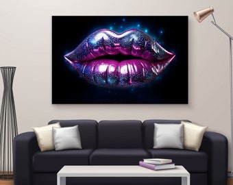 May include: A black canvas print of a pair of pink and purple lips with glitter on a black background.
