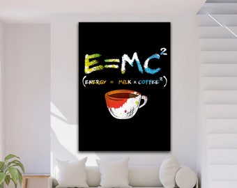 Puede incluir: Un fondo negro con texto colorido que dice "E=MC^2 (ENERGY = MILK x COFFEE^2)" y una taza de café blanca con un toque de color rojo y naranja.