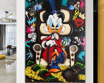 May include: A cartoon duck wearing a top hat and a red suit sits on a throne surrounded by money and graffiti. The graffiti includes the words "Money", "Best", and "$$."
