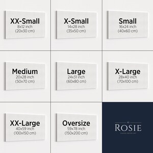 May include: A chart showing different canvas sizes for art prints. The sizes are listed in inches and centimeters. The sizes are: XX-Small (8x12 inches, 20x30 cm), X-Small (14x28 inches, 35x50 cm), Small (16x24 inches, 40x60 cm), Medium (20x28 inches, 50x70 cm), Large (24x31 inches, 60x80 cm), X-Large (28x40 inches, 70x100 cm), XX-Large (40x59 inches, 100x150 cm), and Oversize (59x78 inches, 150x200 cm).