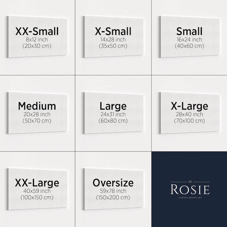 May include: A chart showing different canvas sizes for art prints. The sizes are listed in inches and centimeters. The sizes are: XX-Small (8x12 inches, 20x30 cm), X-Small (14x28 inches, 35x50 cm), Small (16x24 inches, 40x60 cm), Medium (20x28 inches, 50x70 cm), Large (24x31 inches, 60x80 cm), X-Large (28x40 inches, 70x100 cm), XX-Large (40x59 inches, 100x150 cm), and Oversize (59x78 inches, 150x200 cm).