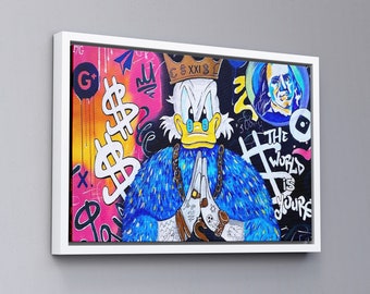 May include: A colorful graffiti-style artwork featuring a cartoon duck wearing a gold chain and praying hands. The background includes dollar signs, a crown, and the text "The World Is Yours".