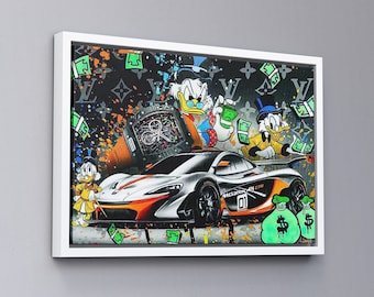 May include: A colorful painting of a grey McLaren P1 GTR sports car with cartoon characters and money bags. The car is surrounded by a black and white pattern with green dollar bills and a large watch.