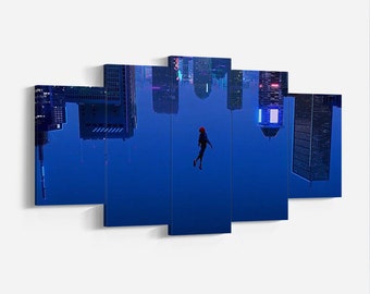 Spider-Man Into the Spider-Vers Leinwand, Miles Morales Wandkunst, Spiderman Wandkunst, Miles Morales, Film Poster Geschenk, 5 Teile Leinwanddekor