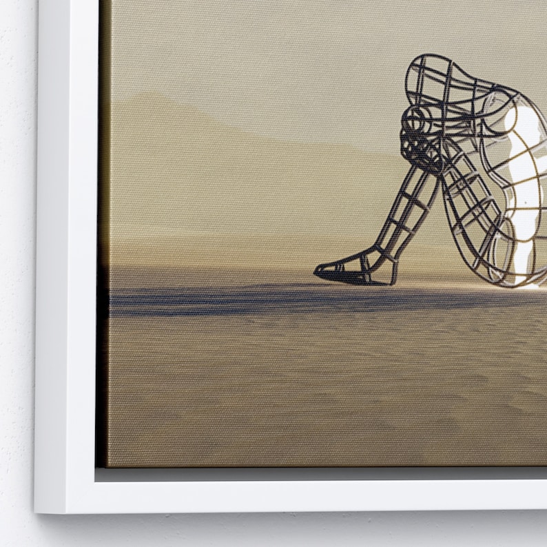 May include: A wireframe sculpture of a person sitting with their legs crossed, against a beige background.