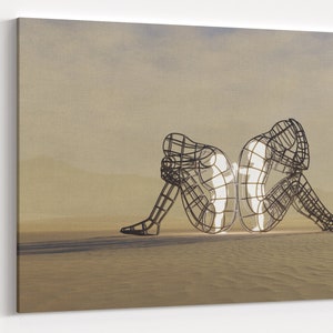 May include: Two wire frame sculptures of people sitting back to back, facing opposite directions. The sculptures are made of thin metal rods and are illuminated from within, creating a glowing effect.