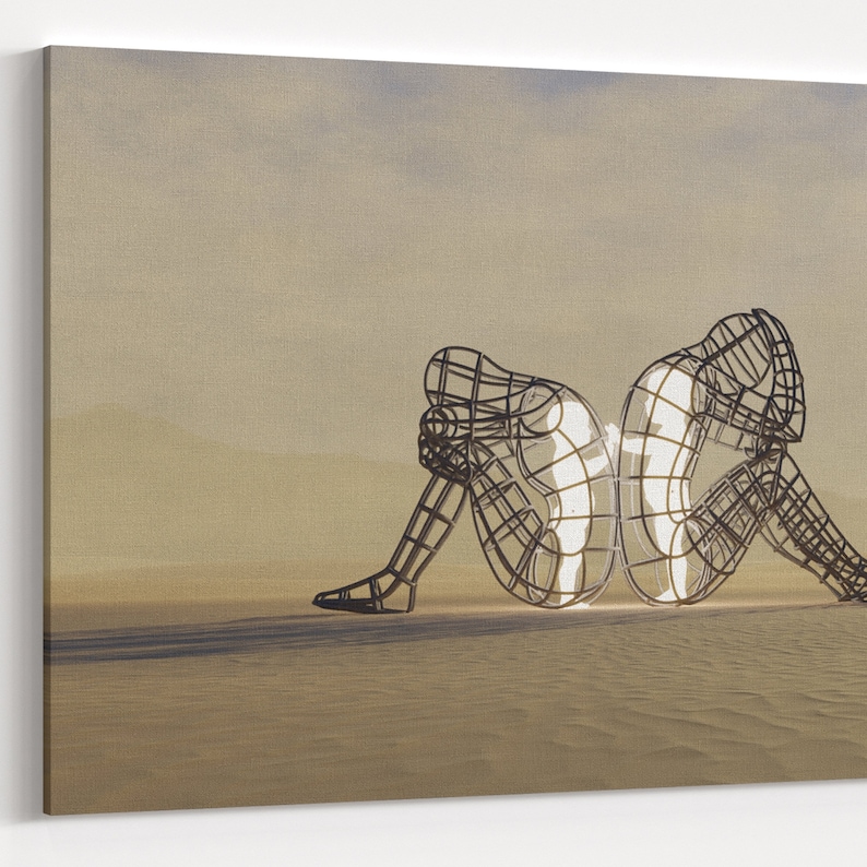 May include: Two wire frame sculptures of people sitting back to back, facing opposite directions. The sculptures are made of thin metal rods and are illuminated from within, creating a glowing effect.