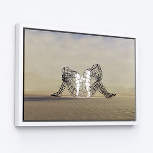 May include: Two wire frame sculptures of people sitting back to back, facing opposite directions. The sculptures are illuminated from within, casting a soft glow. The sculptures are set against a light brown background.