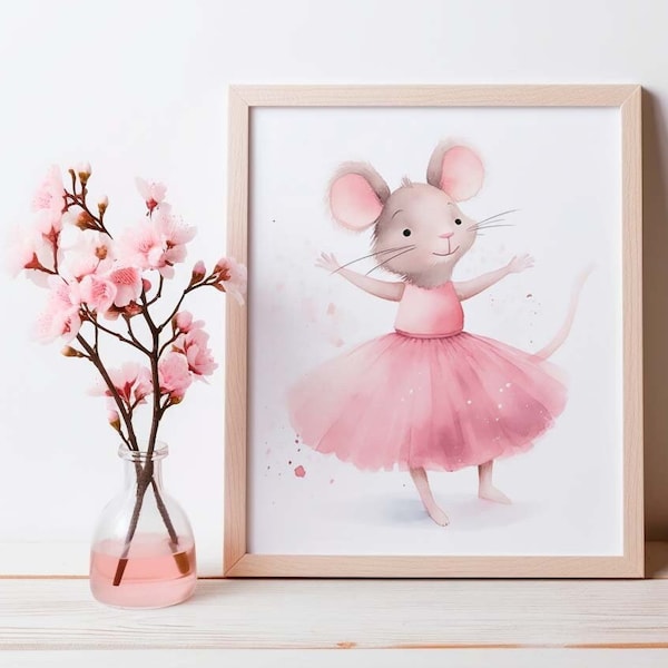 Printable Pink Wall Art | Cute Mouse Ballerina Watercolor Print | Cute Animal Art for Kids Room | Digital Download for Decor | DIY Decor