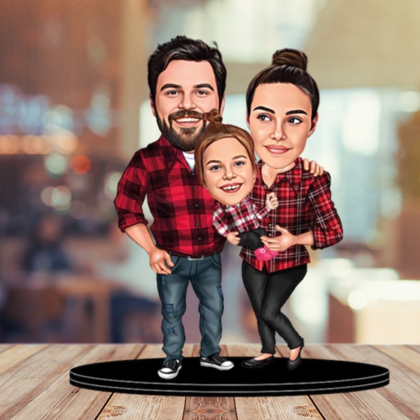 Portrait de famille en dessin animé personnalisé, bibelot figurine en bois 3D personnalisé - Un cadeau parfait pour les anniversaires, les cadeaux de Noël et les cadeaux de famille