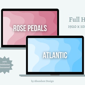 May include: Two laptop computer screens displaying abstract digital art. The top screen shows a pink and white design with the text "ROSE PEDALS". The bottom screen shows a blue and white design with the text "ATLANTIC". The text "Full HD 1920 x 1080p" is displayed above the screens.