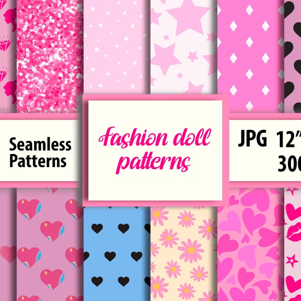 Digital Pink  Fashion Doll Inspired Seamless Patterns Bundle,  Digital Paper Pack, JPG download, Background, Wallpapers