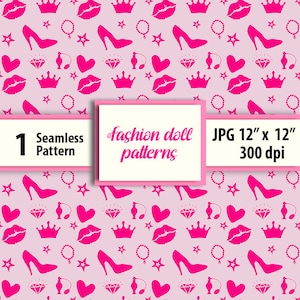 Fashion Doll Icons Digital Pink Movie Inspired Seamless Pattern, Digital Paper, JPG download, Doll Background, Doll Wallpaper