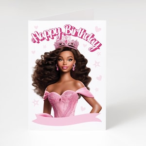 Tarjeta de cumpleaños de muñeca de moda en formato PDF digital JPG, tarjeta A7 imprimible, 5x7, feliz cumpleaños, muñeca de moda rosa, princesa negra, Barbiecore, Malibu