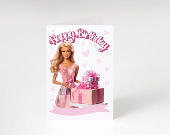 Pink Fashion Doll Birthday Card, Printable A7 (Digital PDF, JPG)