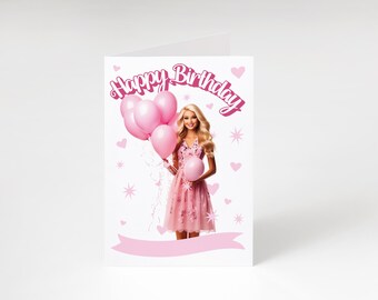 Pink Fashion Doll Birthday Card, Printable 5x7 (Digital PDF JPG)