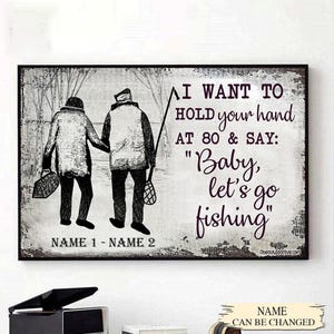 Personalisiertes Angelpaar Poster, halten Sie Ihre Hand und sagen Sie Baby, los geht’s, benutzerdefinierte Name Leinwand, Geschenk für Angeln Paar, Angelliebhaber