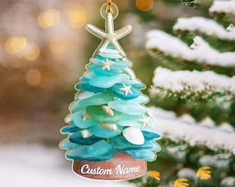 パーソナライズされたシーグラスクリスマスツリー2層アクリル