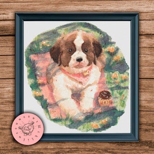 Puppy Cross Stitch Pattern, Sankt Bernhard Cross Stitch, PDF File, Summer Cross Stitch, Animal Cross Stitch, Dog Cross Stitch Pattern
