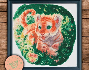Cute Tiger Cub Cross Stitch Pattern PDF, PDF File, Tiger Cross Stitch, Cat Cross Stitch, Animal Embroidery, Cat Lover, Summer, Flowers