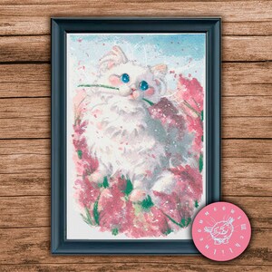 White Kitten Cross Stitch Pattern PDF, PDF File, Cat Cross Stitch, Animal Embroidery, Flowers, Vintage, Funny Cat, Cute Cross Stitch, Summer